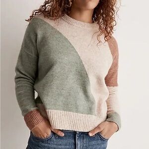 Madewell Colorblock Crewneck Sweater - Green, Cream & Tan
